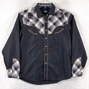 El General Shirt Mens XL Black Plaid Horse Embroidered Pearl Snap Western Cowboy